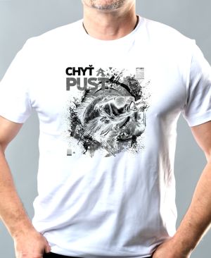 Nejoblíbenější pánské Triko Basic s motivem Chyť a pusť, V2, černý potisk, bílá
