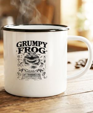 Plechový hrnek s motivem Grumpy Frog, černý lem