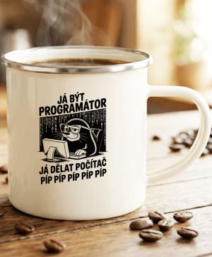Plechový hrnek s motivem Krtek programátor, černý tisk, stříbrný lem