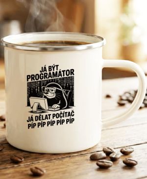 Plechový hrnek s motivem Krtek programátor, stříbrný lem