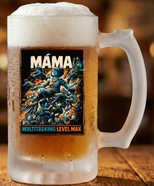 Půllitr skleněný 500 ml. s motivem Máma Multitasking Level Max, matné sklo