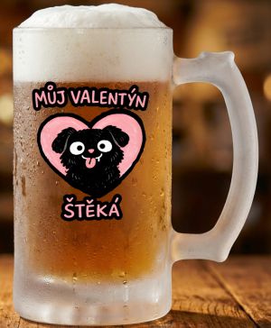 Půllitr skleněný 500 ml. s motivem Můj Valentýn štěká, matné sklo