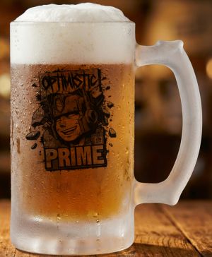 Půllitr skleněný 500 ml. s motivem Optimistic Prime, černý tisk, matné sklo