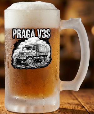 Půllitr skleněný 500 ml. s motivem Praga V3S, matné sklo