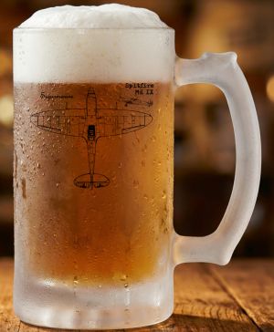 Půllitr skleněný 500 ml. s motivem Spitfire MK IX, černý tisk, matné sklo