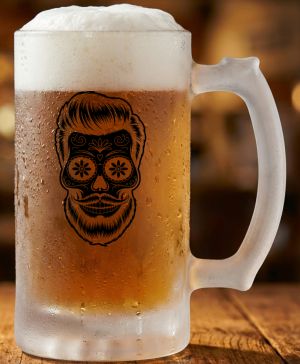Půllitr skleněný 500 ml. s motivem Sugar skull vousáč, matné sklo