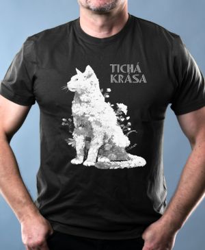 Nejoblíbenější pánské Triko Basic s motivem Tichá krása, kočka, bílý potisk, černá