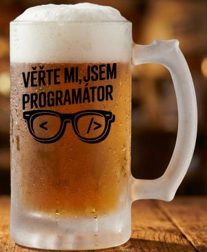 Půllitr skleněný 500 ml. s motivem Věřte mi, jsem programátor, černý tisk, matné sklo