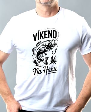 Nejoblíbenější pánské Triko Basic s motivem Víkend na háku, černý potisk, bílá