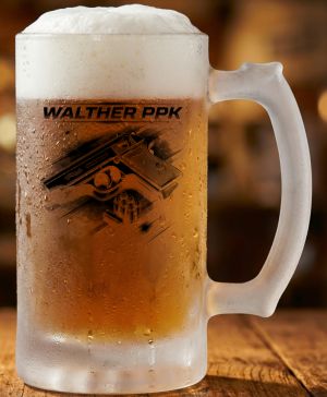 Půllitr skleněný 500 ml. s motivem WALTHER PPK, matné sklo